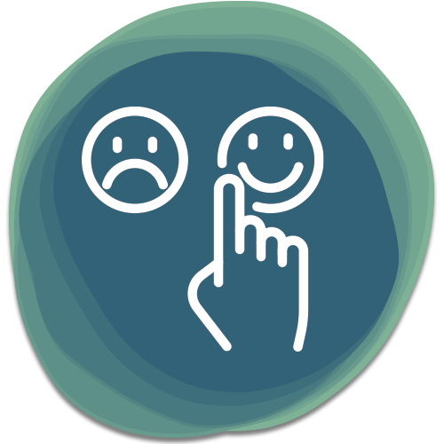 a hand hovers over a smile-face, choosing positivity graphic on a green background